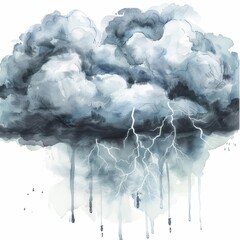Watercolor painting of a powerful thunderstorm with dark clouds, lightning strikes, and pouring rain, on isolated white background, Generative AI