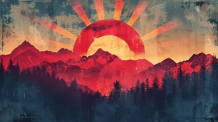 Wall Mural - An illustration of a sun rising behind mountains, with rays forming the word 