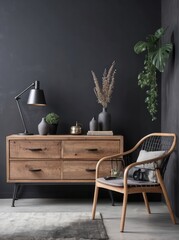 Wall Mural - living room interior with mock up, wooden commode, industrial chairs, Charcoal wall