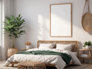 Wall Mural - Interior design of room with blank poster frame, Off-White desk, cozy bed, vase with leaves