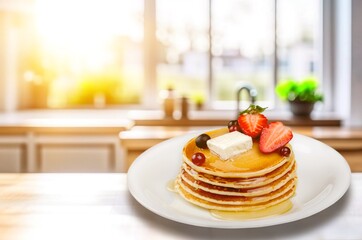 Wall Mural - Fresh sweet tasty pancakes with strawberry and jam