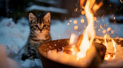 Wall Mural - a cute kitten sitting outdoors looking at the camera, surrounded by snow