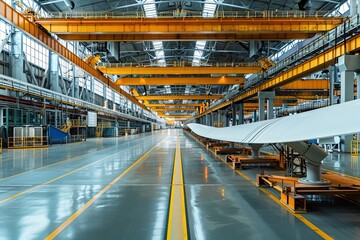 Wall Mural - Industrial production line showcasing wind turbine blades on a manufacturing platform