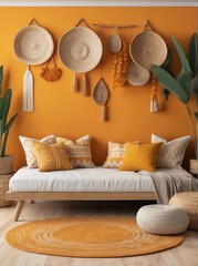 Wall Mural - minimalist composition of boho ethno living room with daybed, pillows, hanging decoration