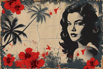 Poster - A woman's face is painted on a wall with a palm tree in the background