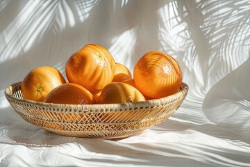 Wall Mural -  Juicy oranges displayed in a woven bowl on a clear backdrop