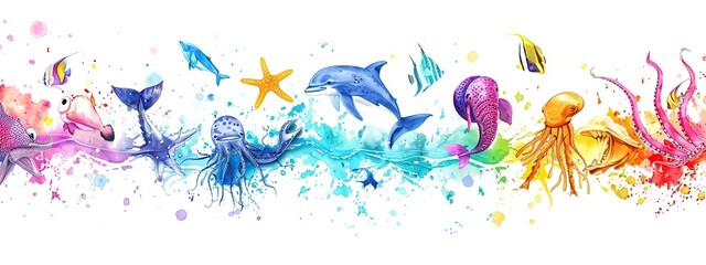 Wall Mural - Colorful underwater scene with various fish and dolphins hand painted watercolor with colorful splashes isolated on white background.