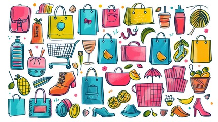 Naklejka na meble Colorful drawing of online shopping doodle elements isolated on white background.