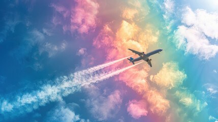 jet flying in the sky with rainbow colors