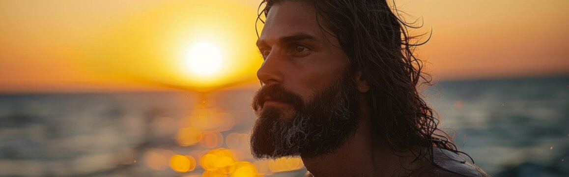  Ethereal Savior: Radiant Portrait of Jesus Christ Amid the Tranquil Glow of Sunset. Captivating 4K digital artwork captures the serene and spiritual essence of the Messiah.