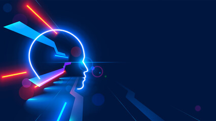 Leinwandbilder - Neon face silhouette in cyberspace. Digital technology abstract conceptual banner. Human neon face in future tech line art style. Neural network mind in digital virtual reality. AI learning techniques
