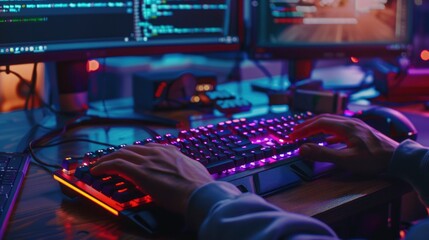 A person is typing on a keyboard with a red and purple glow. Concept of excitement and energy, as the bright colors and fast-paced typing suggest that the person is engaged in a high-energy activity