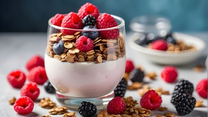 Wall Mural - Glass of granola in yogurt with a mix of berries