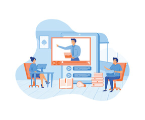 Wall Mural - Online education and E-learning at home by webinar training and design for Webinar, online video training, tutorial podcast and business coaching concept. flat vector modern illustration