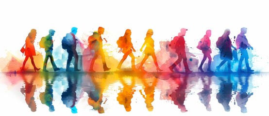 Canvas Print - group of people walking in the same direction, watercolor style, vector illustration, rainbow colors, white background, high resolution, professional photograph, sharp focus, studio lighting