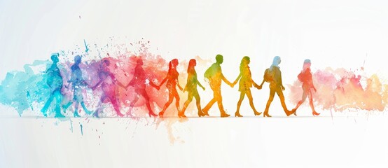 Canvas Print - group of people walking together, holding hands in the style of colorful watercolor splash on white background, social media banner for diversity and In[indexPathing work place culture