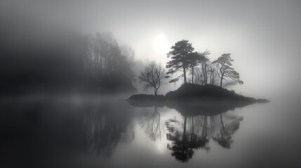 Sticker - foggy landscape of a lake in nature