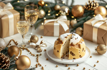 Wall Mural - panettone, christmas cake on table with white background, golden decorations and presents around it