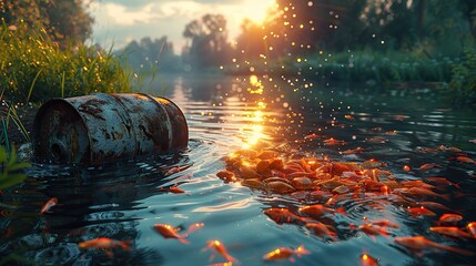 Wall Mural - An oil barrel leaking into a river with dead fish floating conceptual illustration of pollution and its catastrophic effects on marine life.