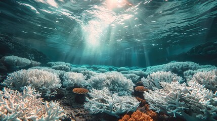 Wall Mural - A coral reef bleaching and turning white with lifeless marine creatures conceptual illustration of ocean warming and its devastating effects on coral ecosystems.