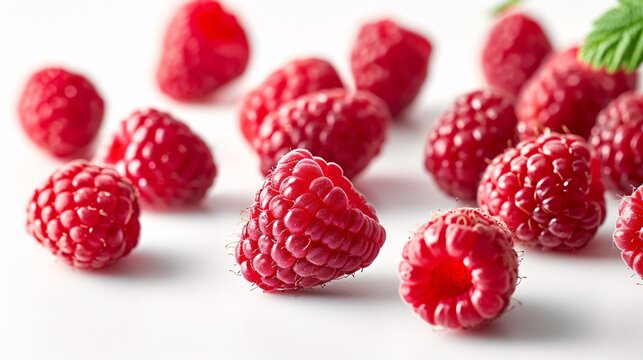 a group of raspberries on a white surface