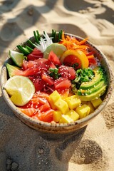 Wall Mural - A bowl of food with a variety of fruits and vegetables, including carrots, oranges, and avocados