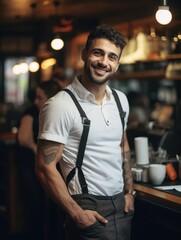 Poster - A man with a mustache and tattoos is smiling and wearing suspenders. He is standing in front of a bar with a cup and a bottle