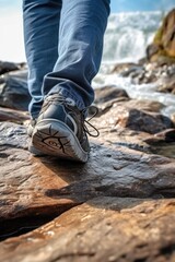 Wall Mural - A person is walking on a rocky shoreline with a stream running through it. The person is wearing a pair of blue jeans and a black shoe