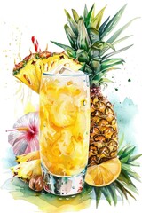 Wall Mural - A glass of pineapple juice is surrounded by a pineapple and a hibiscus flower. The image has a tropical and refreshing vibe