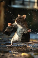 Wall Mural - A rat is standing in a puddle of water, wearing a black cape. The rat appears to be enjoying the rain and is posing for the camera