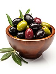 Wall Mural - A bowl of olives with a leafy green olive leaf on the side. The bowl is wooden and filled with a variety of olives
