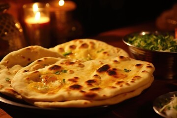 Wall Mural - A plate of three flatbreads with a bowl of greens in the background. The plate is on a wooden table with candles in the background