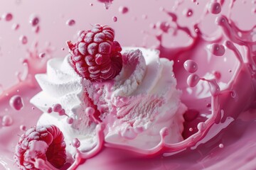 Wall Mural - A raspberry swirls in a pink milkshake