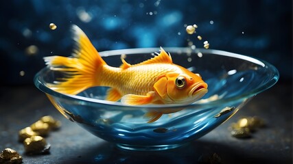 Golden fish in a bowl in close-up, drifting in a blue sea with room for a copy