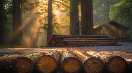 Canvas Print - warm rays of the sun and fog on foreground, cabin behind with green forest view, wet ground, forest background, dark brown and light orange tones