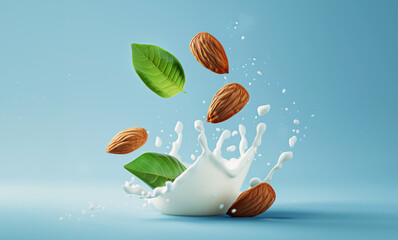 Wall Mural - Whole almond nuts with green leaves flying in milk splash isolated on white background. Nuts in vegan liquid.