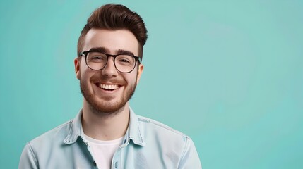 Wall Mural - Confident and Successful Young Business Professional in Casual Attire Smiling at the Against a Vibrant Colored Background