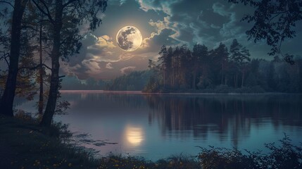 Wall Mural - A breathtaking nighttime scene featuring lakes, trees, and a calm atmosphere, with the moon's gentle glow reflecting on the water