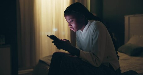 Aufkleber - Frustrated, girl and night in home with phone notification and bored online with social media or chat. Reading, news and woman scroll smartphone with insomnia, stress and late search on internet
