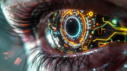 Wall Mural - A detailed view of an augmented eye with neon circuits and a robotic pupil, embedded with sensors and micro-LEDs, captured with crystal-clear precision,