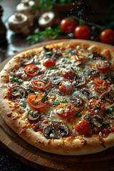Wall Mural - Pizza topped with mushrooms, tomatoes, and cheese on a rustic wooden board