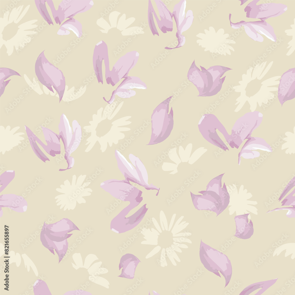 Hand-drawn seamless pattern with floral print. Abstract pink and beige meadow flowers. Vector pattern with watercolor effect for printing on fabric, gift wrapping, wallpapers.