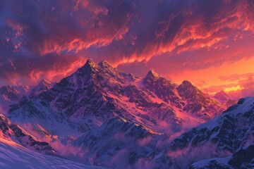 Wall Mural - Vibrant Sunset Over Majestic Mountain Range