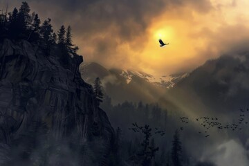 Wall Mural - Misty Mountain Sunrise with Birds in Flight