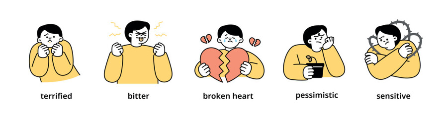 Wall Mural - boy upper body character expressing 5 different emotions - set 12. simple outline vector illustratio