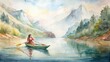 © Woonsen - A picturesque scene of a woman enjoying a kayak ride on a serene river, painted with the gentle touch of watercolor