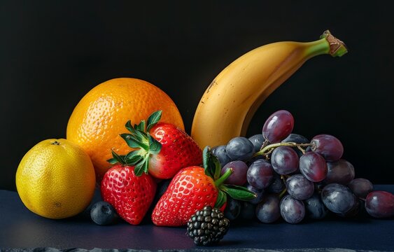 A collection of fresh fruit on a black background