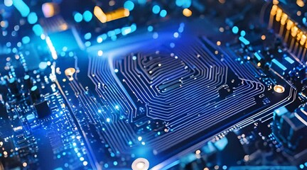 Blue abstract circuit board with electronic tree growth - Futuristic technology concept