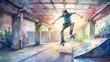© Woonsen - A captivating watercolor illustration featuring the portrait of a skateboarder performing tricks in an abandoned urban location with graffiti-covered walls