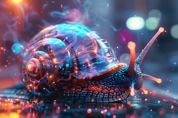 Sticker - 3D Visualization of the Formidable Cyborg Snail Warrior Emanating Technological Menace in a Shroud of Multicolored Vapor